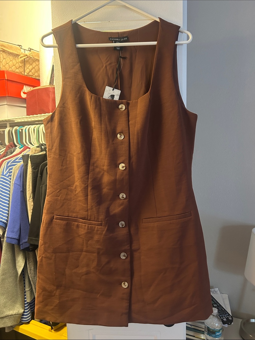 Brown Button-Front Sleeveless Shift Dress
